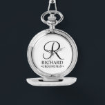 Personalised Groomsman's Name and Monogram Watch<br><div class="desc">Elegant Black and White Personalised Groomsman Gifts
featuring personalised monogram in black elegant script font style with groomsman's name and title in classic serif font style on white background.

Also perfect for best man,  father of the bride,  bridesmaid,  maid of honour,  flower girl,  mother of the bride and more.</div>