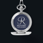 Personalised Groomsman's Name and Monogram Watch<br><div class="desc">Elegant Black and White Personalised Groomsman Gifts featuring personalised monogram in white elegant script font style with groomsman's name and title in classic serif font style on navy blue background. Also perfect for best man, father of the bride, bridesmaid, maid of honour, flower girl, mother of the bride and more....</div>