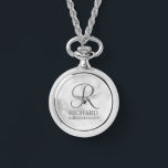 Personalised Groomsman's Name and Monogram Watch<br><div class="desc">Elegant Black and White Personalised Groomsman Gifts featuring personalised monogram in grey elegant script font style with groomsman's name and title in classic serif font style on white marble background. Also perfect for best man, father of the bride, bridesmaid, maid of honour, flower girl, mother of the bride and more....</div>