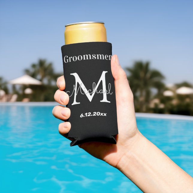 personalised  groomsmen, black white chic wedding seltzer can cooler (In Situ Pool)