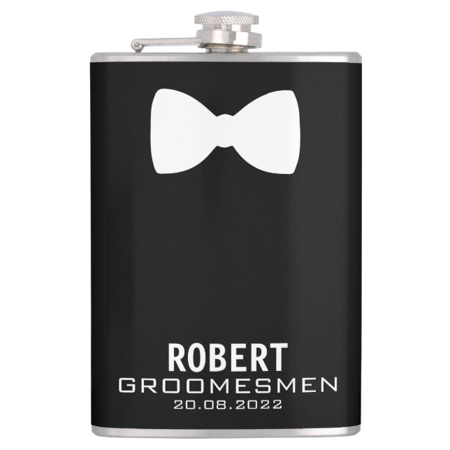 Personalised Groomsmen Flask with Bow Tie Graphic (Front)