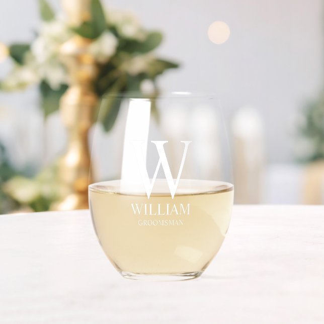 Personalised Groomsmen Monogram & Name Stemless Wine Glass (Insitu (Wedding))