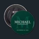 Personalised Groomsmen's name and monogram Bottle Opener<br><div class="desc">Add a personal touch to your wedding with personalised groomsmen bottle opener. This bottle opener features personalised groomsman's name with title and wedding date in white and monogram in light emerald green as background, in classic serif font style, on emerald green background. Also perfect for best man, father of the...</div>