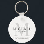 Personalised Groomsmen's name and monogram Key Ring<br><div class="desc">Add a personal touch to your wedding with personalised groomsmen keychain. This keychain features personalised groomsman's name with title and wedding date in grey and monogram in light grey as background, in classic serif font style, on white background. Also perfect for best man, father of the bride, ring bearer and...</div>