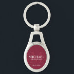 Personalised Groomsmen's name and monogram Key Ring<br><div class="desc">Add a personal touch to your wedding with personalised groomsmen keychain. This keychain features personalised groomsman's name with title and wedding date in white and monogram in light burgundy red as background, in classic serif font style, on burgundy red background. Also perfect for best man, father of the bride, ring...</div>