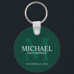 Personalised Groomsmen's name and monogram Key Ring<br><div class="desc">Add a personal touch to your wedding with personalised groomsmen keychain. This keychain features personalised groomsman's name with title and wedding date in white and monogram in light emerald green as background, in classic serif font style, on emerald green background. Also perfect for best man, father of the bride, ring...</div>