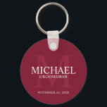 Personalised Groomsmen's name and monogram Key Ring<br><div class="desc">Add a personal touch to your wedding with personalised groomsmen keychain. This keychain features personalised groomsman's name with title and wedding date in white and monogram in light burgundy red as background, in classic serif font style, on burgundy red background. Also perfect for best man, father of the bride, ring...</div>