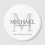 Personalised Groomsmen's name and monogram Magnet<br><div class="desc">Add a personal touch to your wedding with personalised groomsmen magnet. This magnet features personalised groomsman's name with title and wedding date in grey and monogram in light grey as background, in classic serif font style, on white background. Also perfect for best man, father of the bride, ring bearer and...</div>