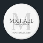Personalised Groomsmen's name and monogram Magnet<br><div class="desc">Add a personal touch to your wedding with personalised groomsmen magnet. This magnet features personalised groomsman's name with title and wedding date in grey and monogram in light grey as background, in classic serif font style, on white background. Also perfect for best man, father of the bride, ring bearer and...</div>