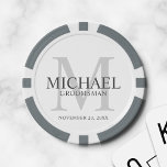 Personalised Groomsmen's name and monogram Poker Chips<br><div class="desc">Add a personal touch to your wedding with personalised groomsmen poker chips. This design features personalised groomsman's name with title and wedding date in grey and monogram in light grey as background, in classic serif font style, on white background. Also perfect for best man, father of the bride and more....</div>