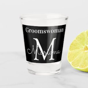 personalised  groomswoman black white monogram shot glass