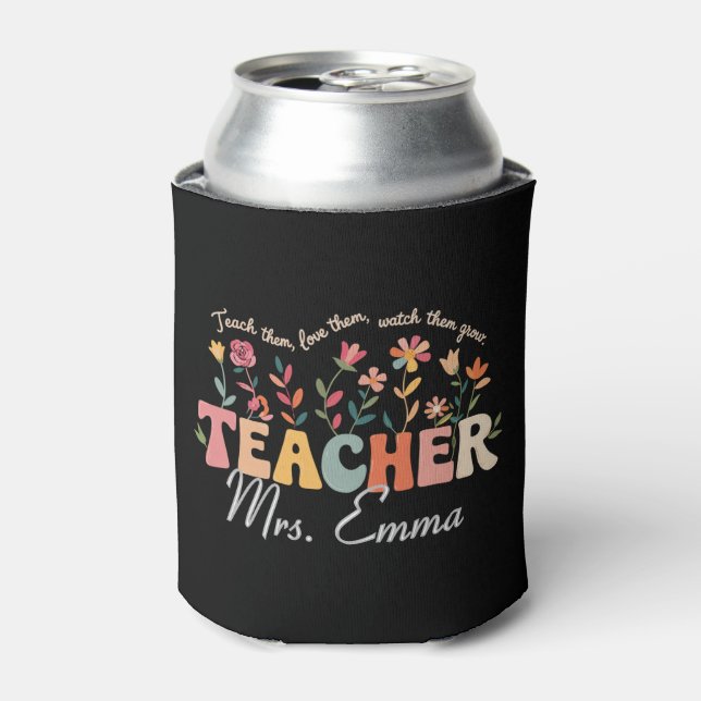 Personalised Groovy Flowers Teacher Custom Gift Can Cooler (Can Front)