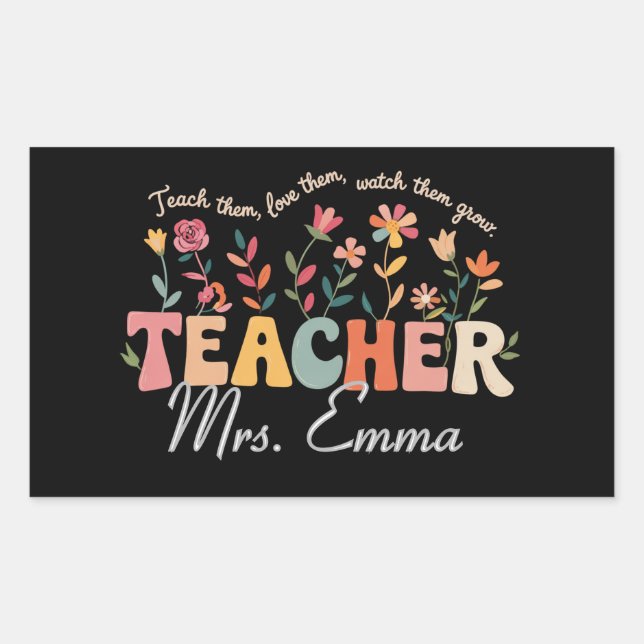 Personalised Groovy Flowers Teacher Custom Gift Rectangular Sticker (Front)