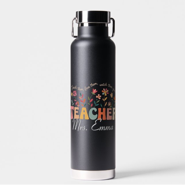 Personalised Groovy Flowers Teacher Custom Gift Water Bottle (Front)