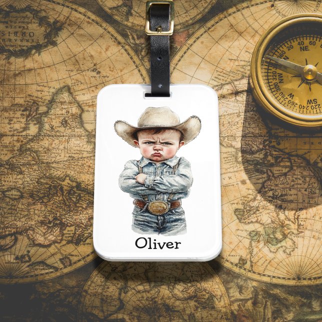 Personalised Grumpy Cowboy in Denim Outfit Luggage Tag (Creator Uploaded)