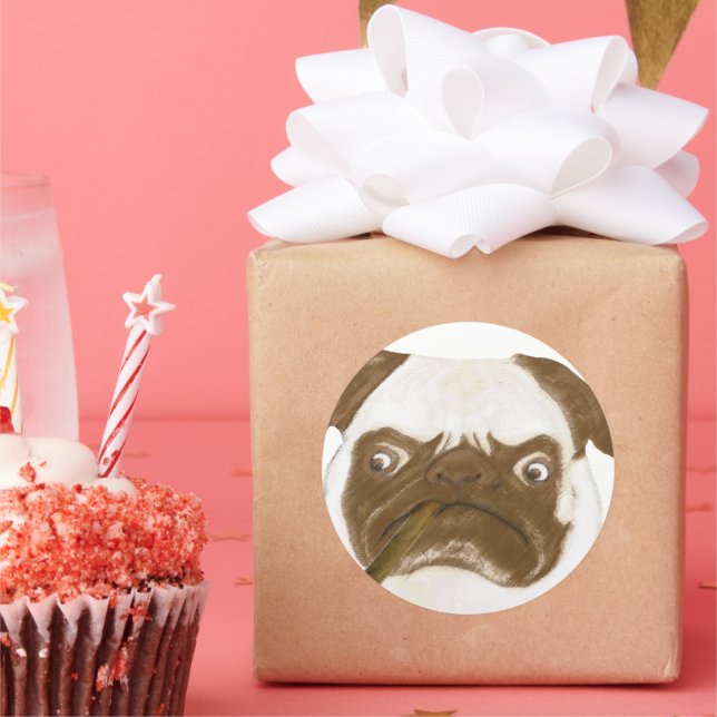 Personalised Grumpy Puggy with Cigar Classic Round Sticker (Party)