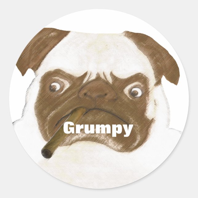 Personalised Grumpy Puggy with Cigar Classic Round Sticker (Front)