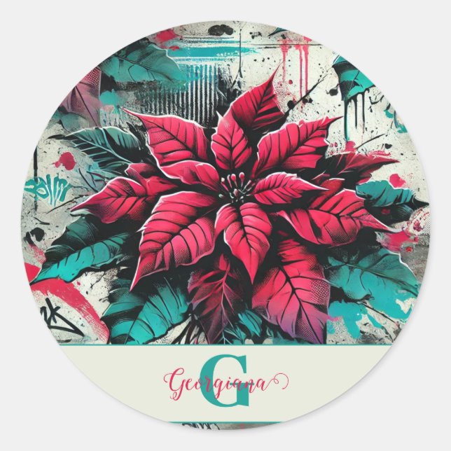 Personalised Grungy Poinsettia Floral Graffiti Classic Round Sticker (Front)