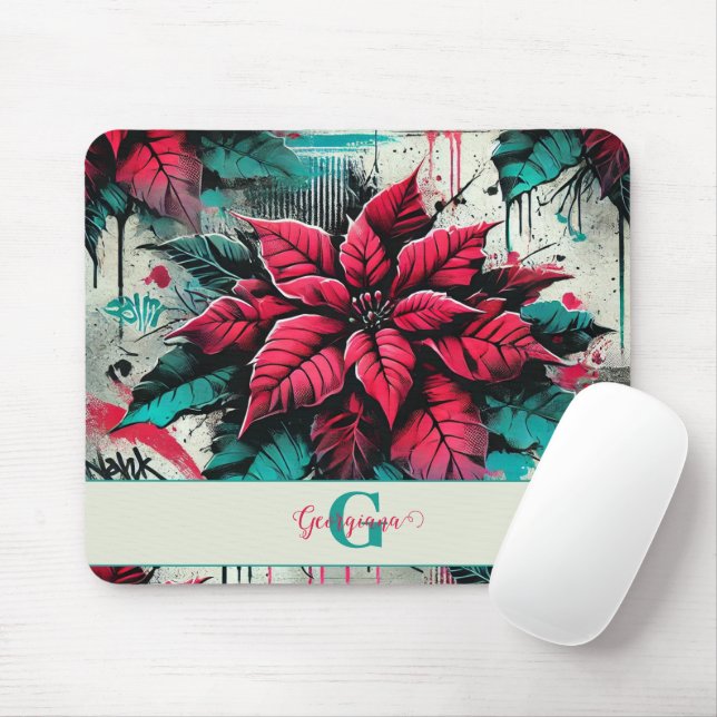 Personalised Grungy Poinsettia Floral Graffiti Mouse Mat (With Mouse)