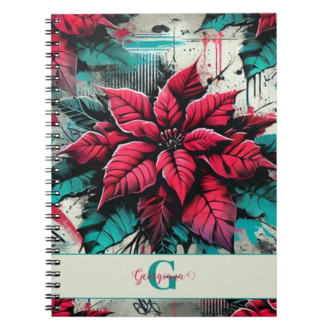 Personalised Grungy Poinsettia Floral Graffiti Notebook (Front)