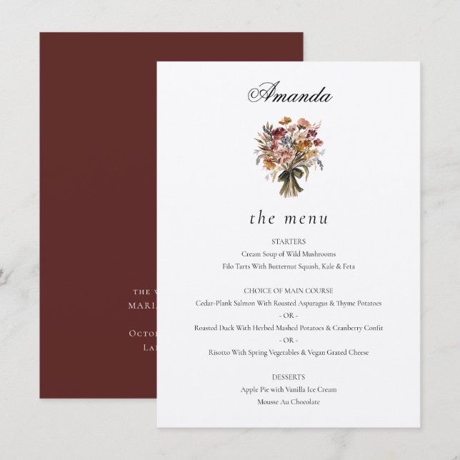 Personalised Guest Name Fall Flowers Wedding Menu (Front/Back)