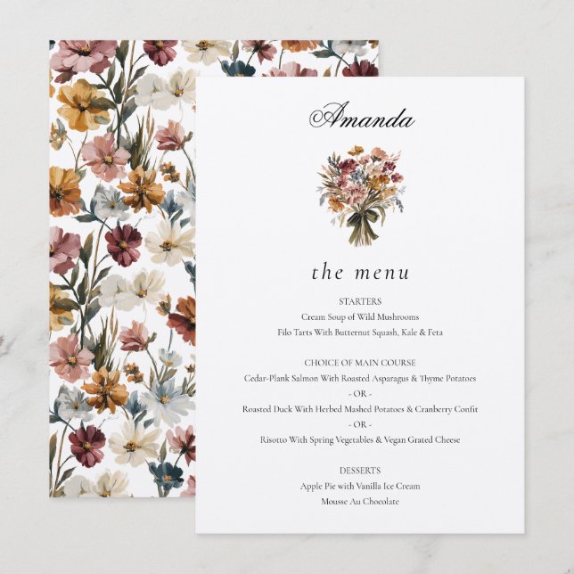 Personalised Guest Name Fall Flowers Wedding Menu (Front/Back)