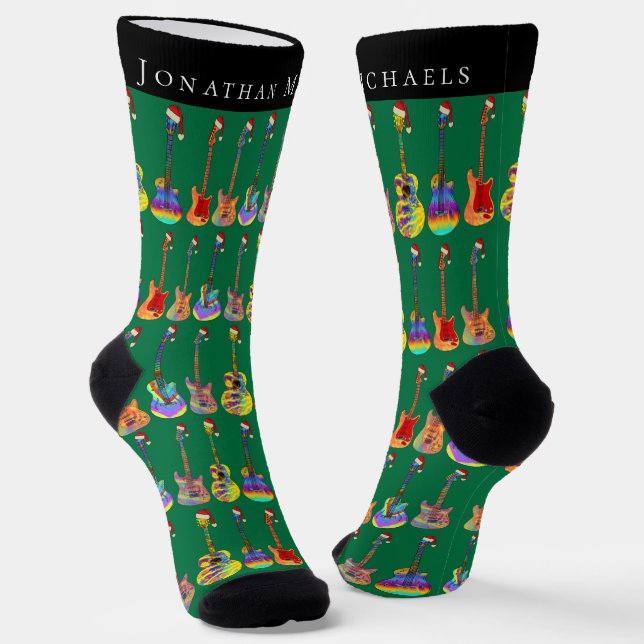 Personalised Guitar Christmas Green Socks (Angled)