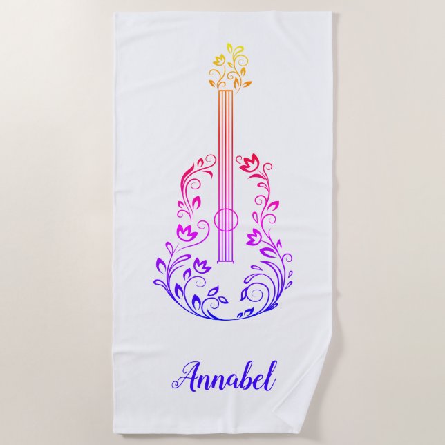Personalised Guitar Colourful on White Beach Towel (Front)