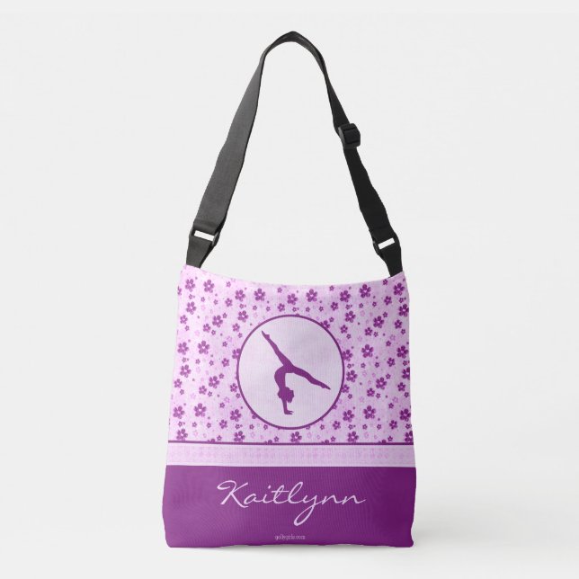 Personalised Gymnastics Purple Heart Floral Crossbody Bag (Front)