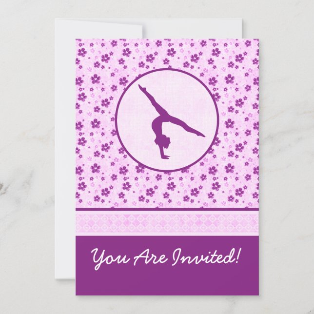 Personalised Gymnastics Purple Heart Floral Invitation (Front)