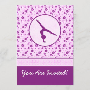 Personalised Gymnastics Purple Heart Floral Invitation