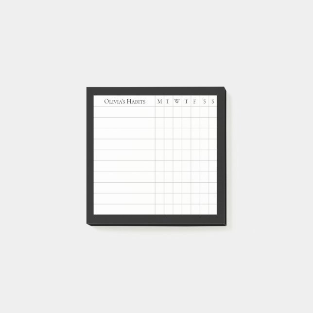 Personalised Habit Tracker in Black and White Post-it Notes (Front)