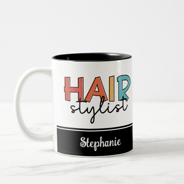 Personalised Hair Stylist Retro Hairdresser Gift Two-Tone Coffee Mug (Left)