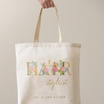 Personalised hairstylist hair salon name logo tote bag<br><div class="desc">Personalised hairstylist / hair dresser name tote bag with blush pink and faux gold foil floral typography logo with scissors.</div>