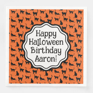 Personalised Halloween Birthday Orange Black Cat  Napkin
