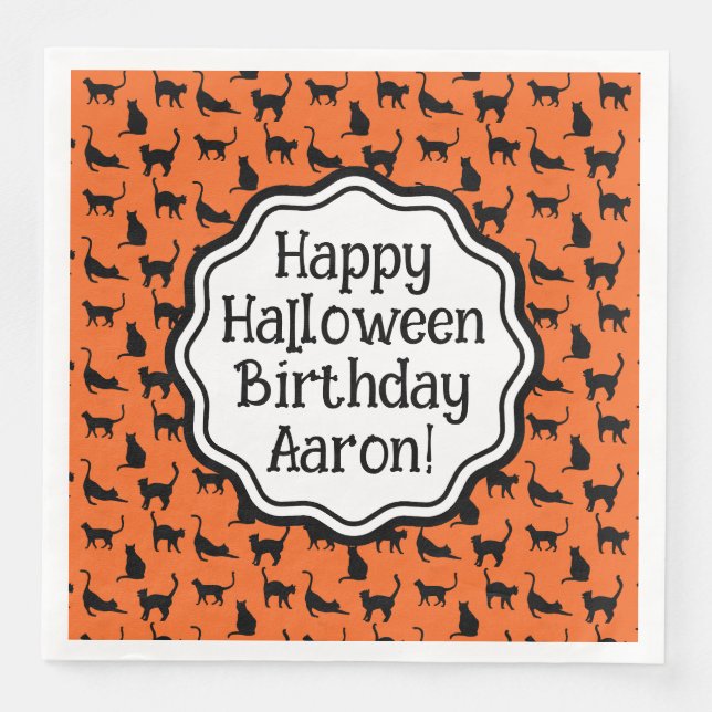 Personalised Halloween Birthday Orange Black Cat  Napkin (Front)