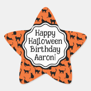 Personalised Halloween Birthday Orange Black Cat  Star Sticker