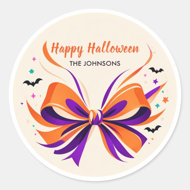 Personalised Halloween Bow & Bats Classic Round Sticker (Front)