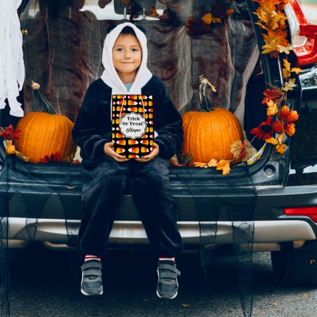 Personalised Halloween Candy Corn Trick or Treat Medium Gift Bag (Giant crazy candy corn adorn this trick or treat bag. Personalize with your kiddo's name!)