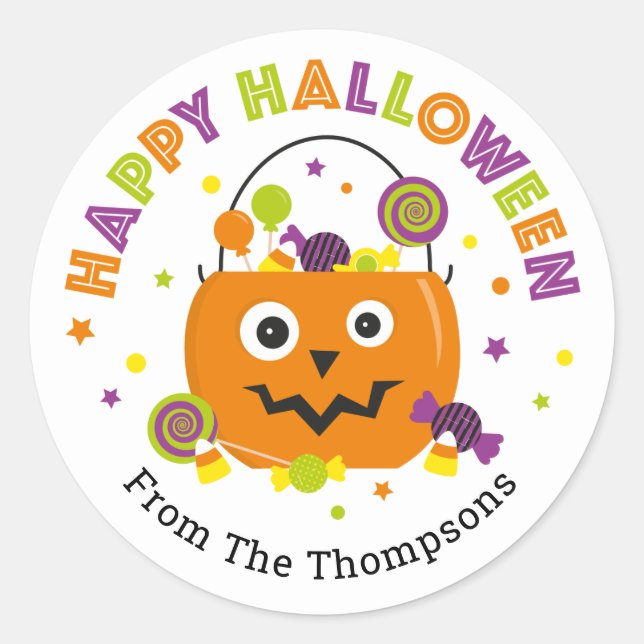 Personalised Halloween Candy Pail Round Sticker (Front)