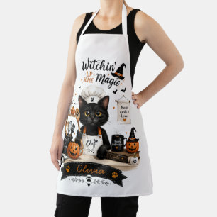 Personalised Halloween Cat Chef Apron Custom Name 