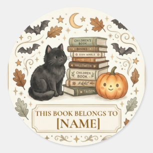 Personalised Halloween Cute Black Cat Bookplate Classic Round Sticker