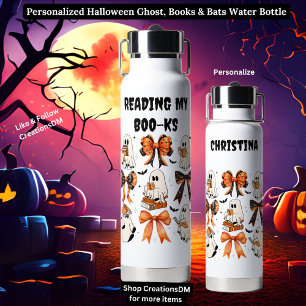 Personalised Halloween Ghost, Books & Bats Water Bottle