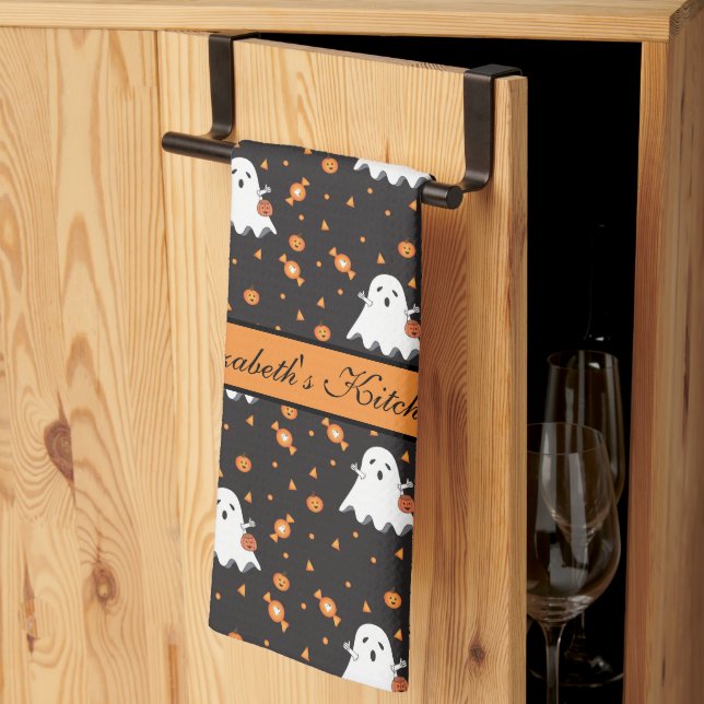 Personalised Halloween Ghost Pattern Black  Tea Towel (Thirds Fold)