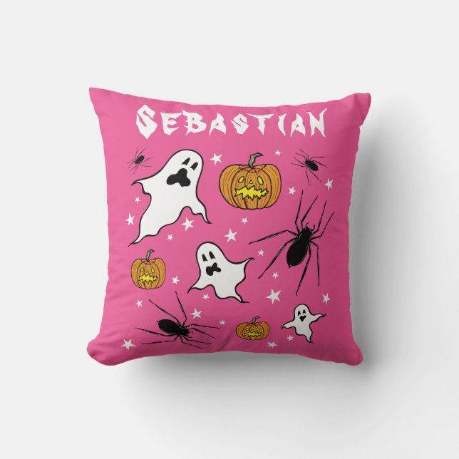Personalised Halloween Ghosts, Pumpkins and Spider Cushion (Front)