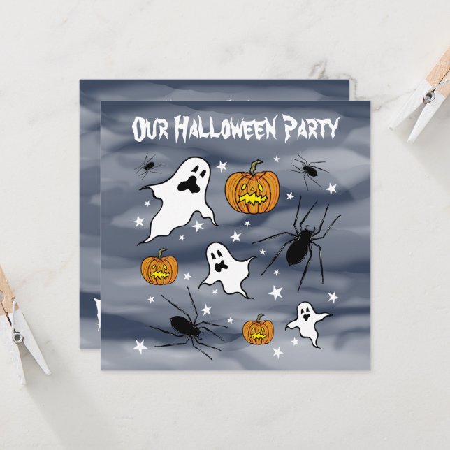 Personalised Halloween Ghosts, Pumpkins and Spider Invitation (Front/Back In Situ)