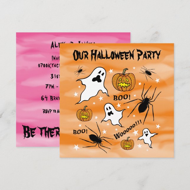 Personalised Halloween Ghosts, Pumpkins and Spider Invitation (Front/Back)