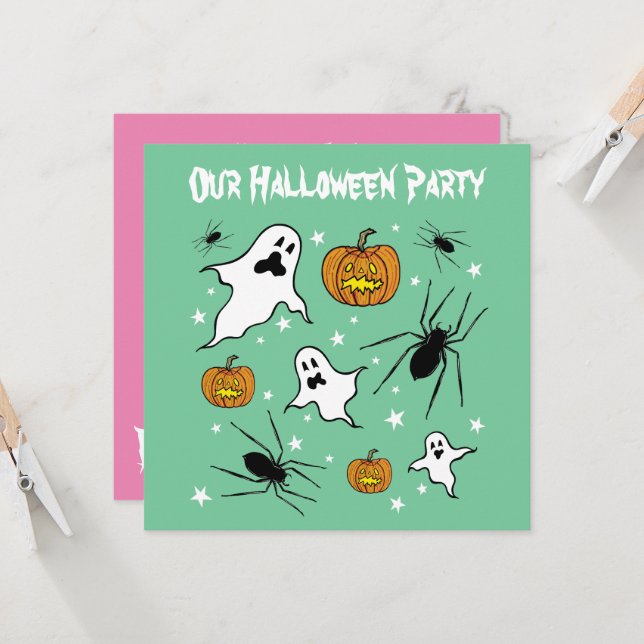 Personalised Halloween Ghosts, Pumpkins and Spider Invitation (Front/Back In Situ)