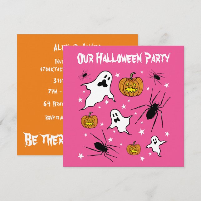 Personalised Halloween Ghosts, Pumpkins and Spider Invitation (Front/Back)