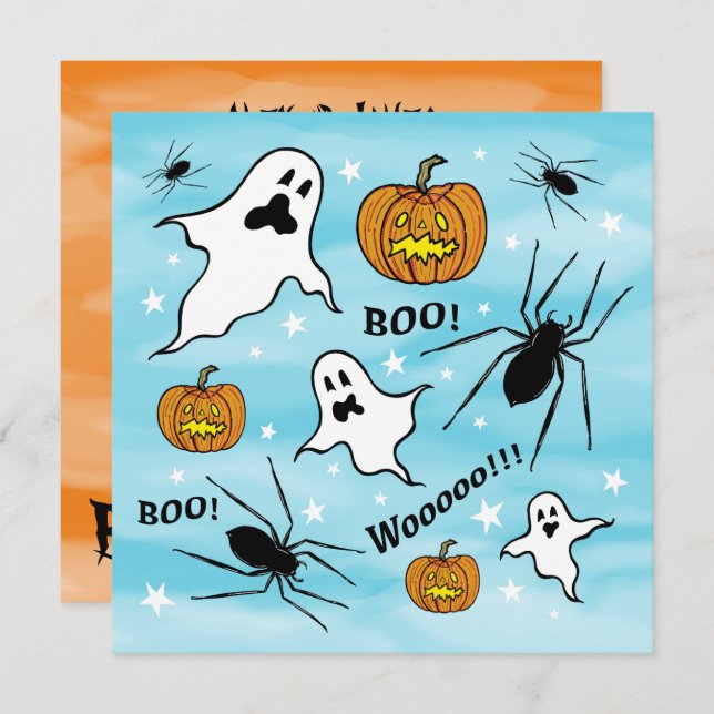 Personalised Halloween Ghosts, Pumpkins and Spider Invitation (Front/Back)